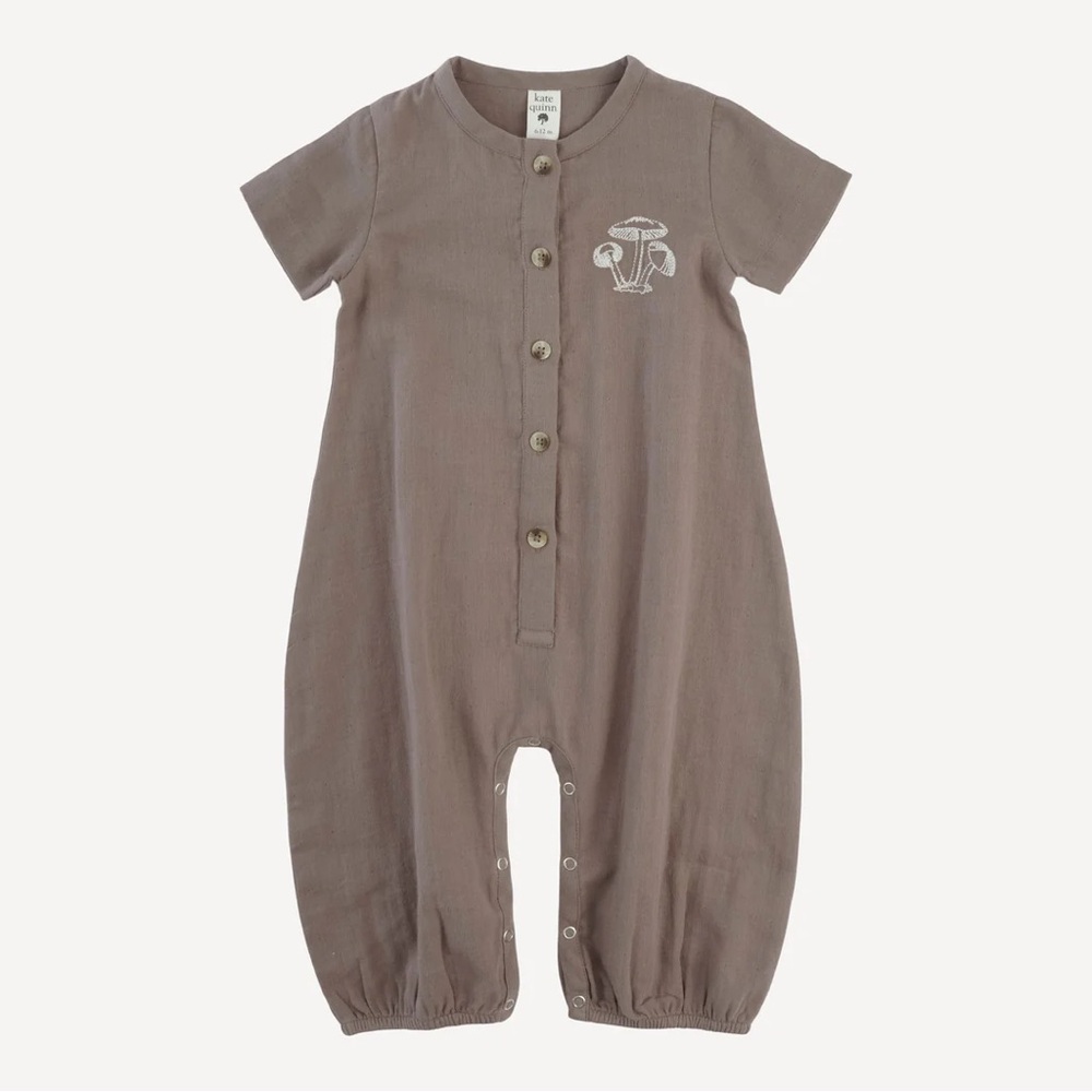 Kate Quinn Brown Kids Romper with Mushroom Design